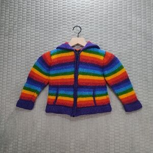 Kids-Rainbow Knit Hoodie-Wool and Cotton-4T